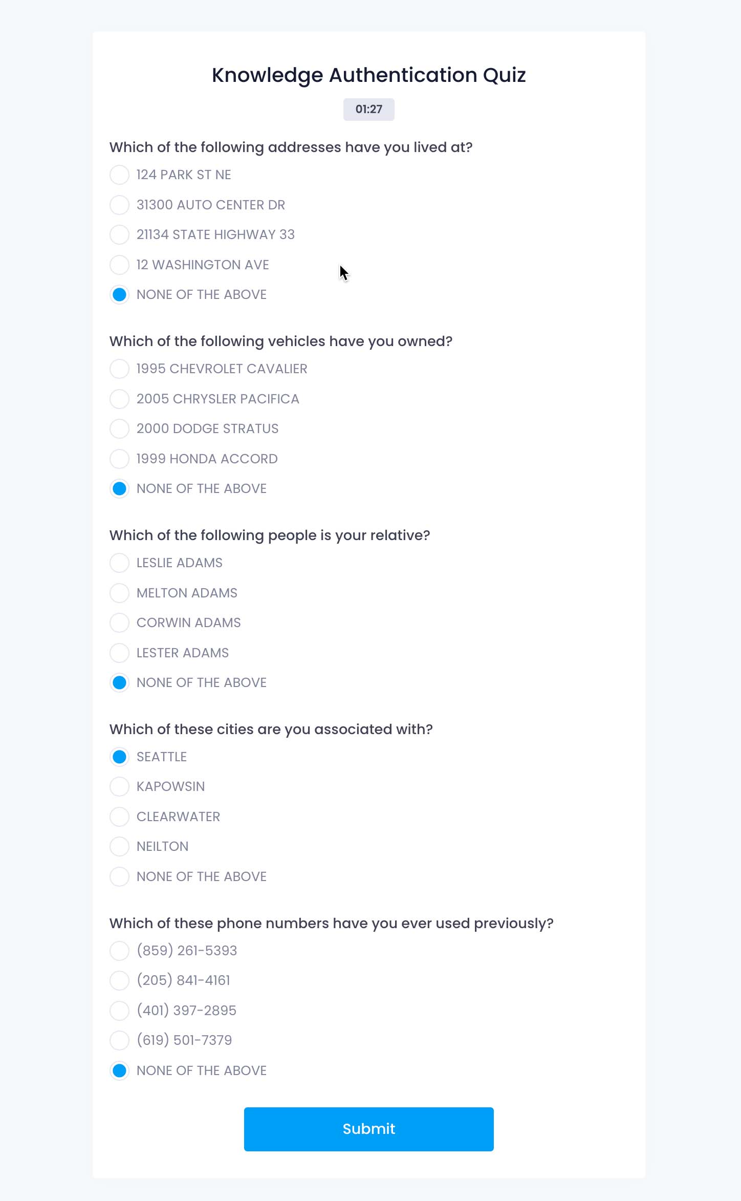 Knowledge Authentication Quiz