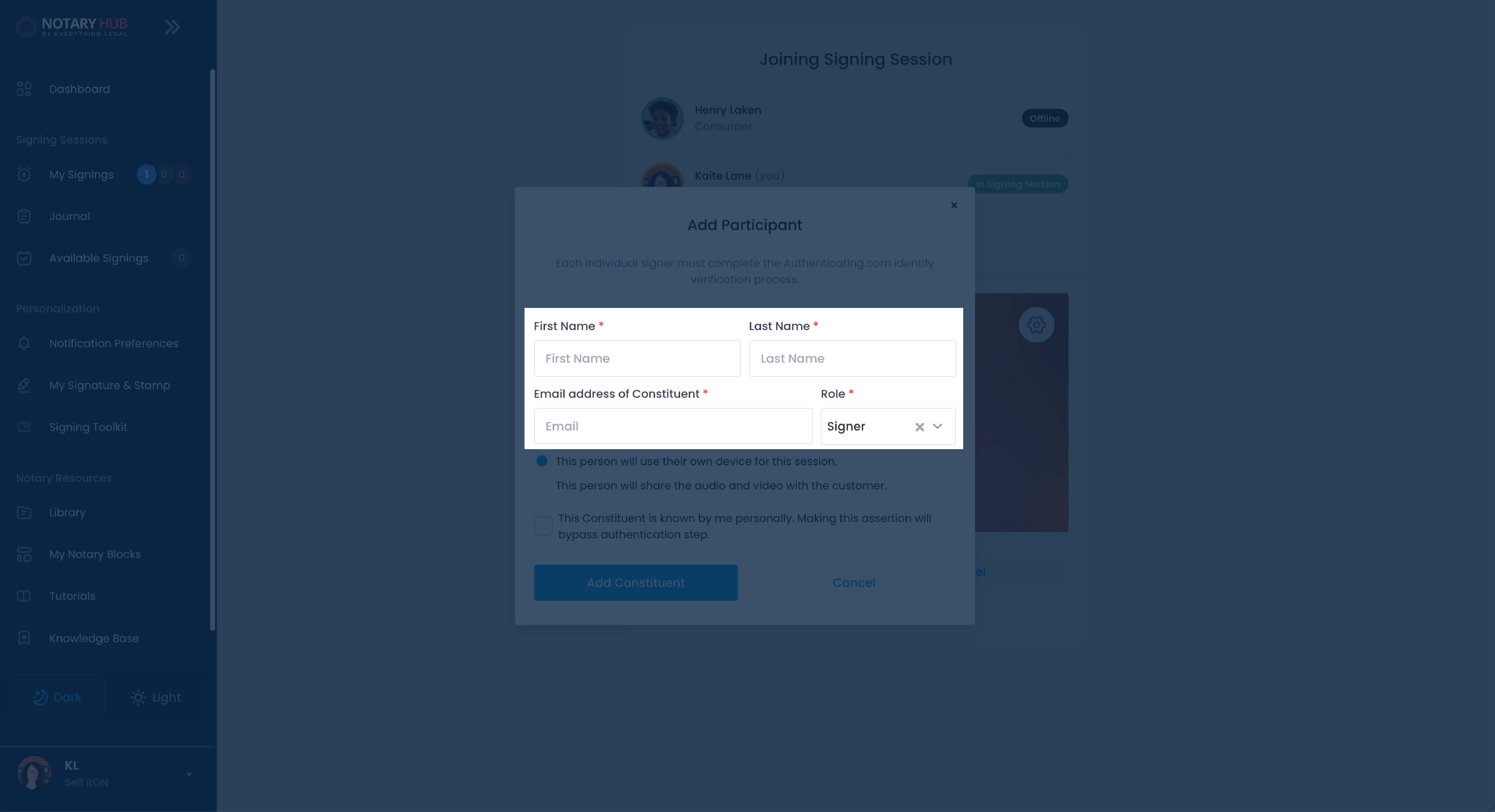 Add Participant Pop-Up