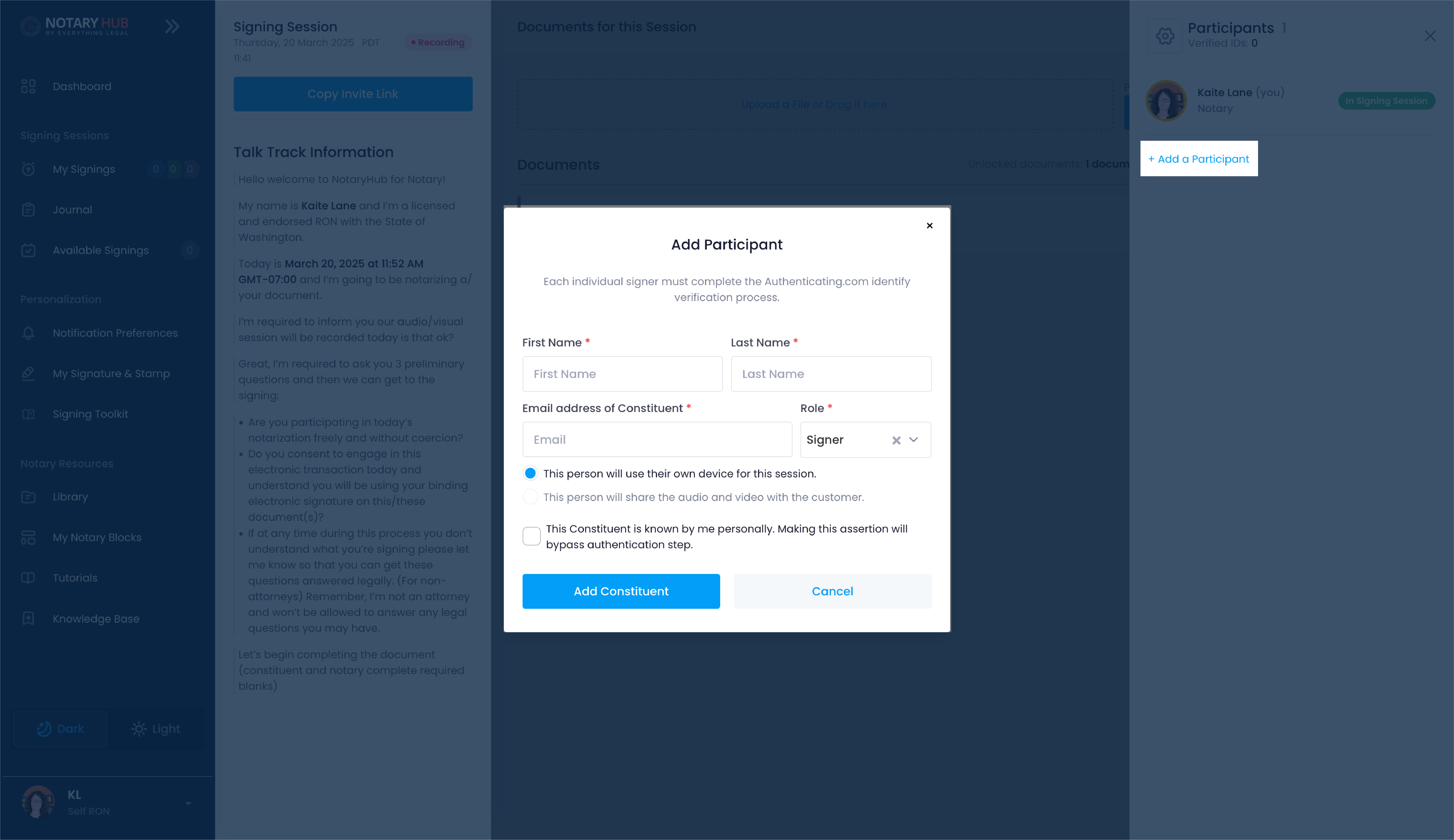Add Participant Pop-up
