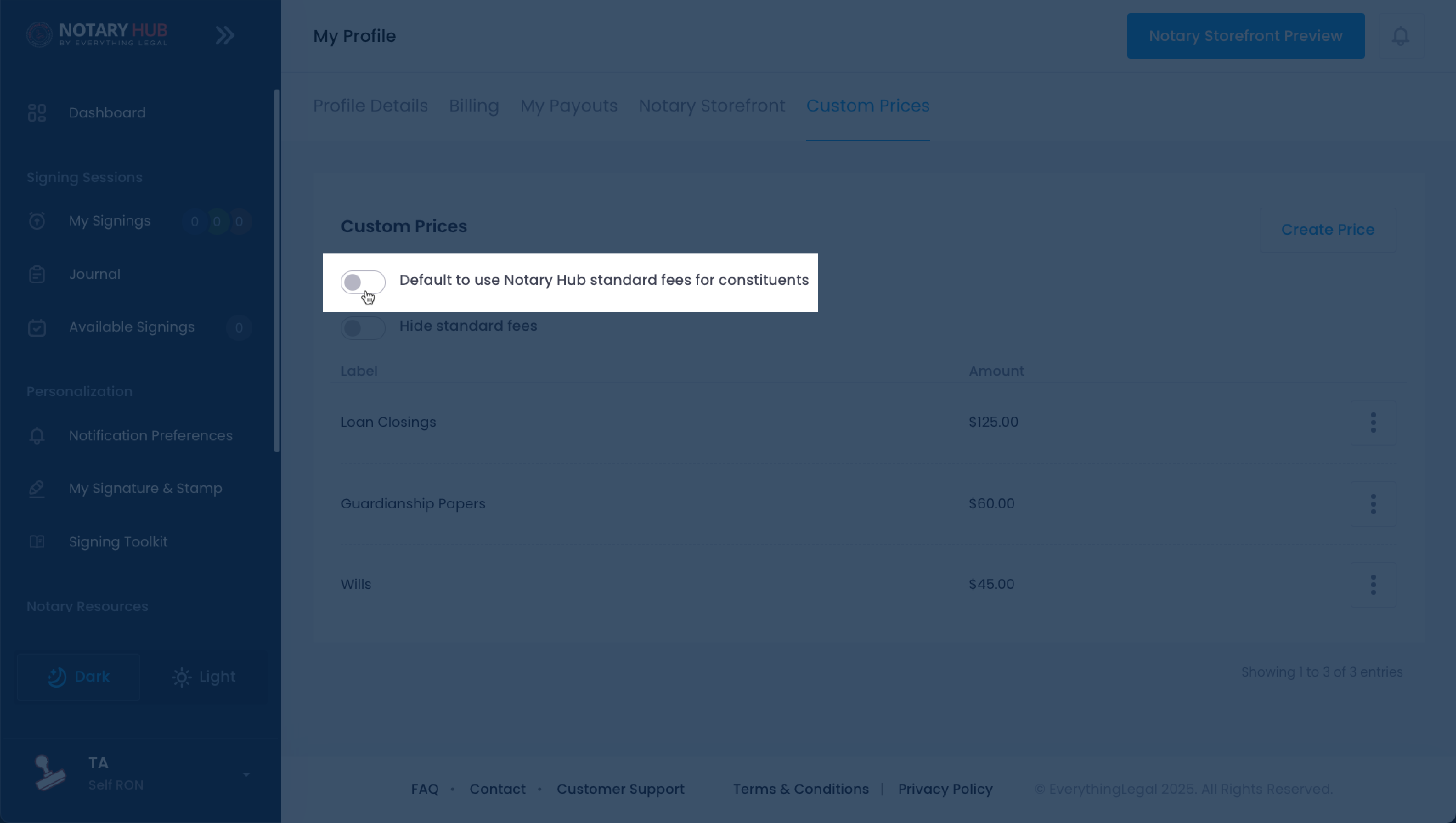 Toggle Standard Pricing Off
