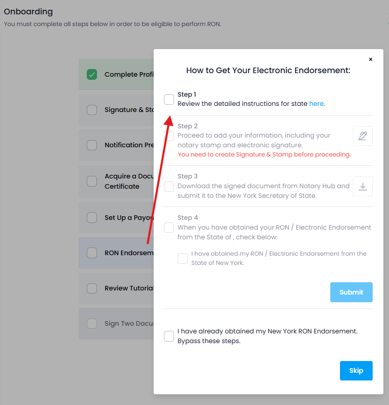RON Endorsement Onboarding Step